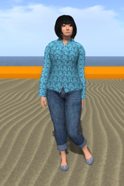 Another self-portrait, this time in a sandbox. I'm wearing a button-down shirt with a print in two shades of aqua with the two top buttons left open, a pair of cuffed, comfort-fit medium blue jeans and a pair of light blue flat shoes with silvery grey flower ornaments. I'm wearing neither jewellery nor make-up. I've shifted my weight on my right foot.