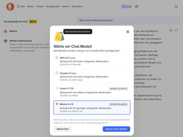 Bildschirmfoto von einem Duckduckgo-Aufruf, wo die KI im Hintergrund ist und im Vordergrund ein Popup-Fenster mit der Auswahl von vier verschiedenen KI-Treibern: GPT-3.5 Turbo, Claude 3 Haiku, Llama3, und Mixtral