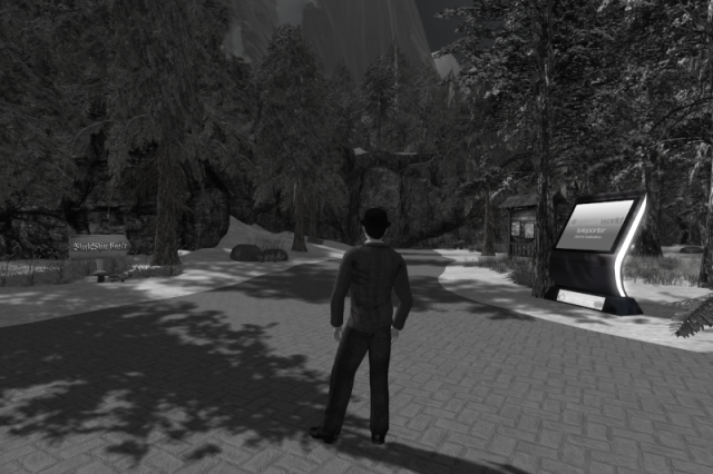 Digital rendering of a fully monochrome male avatar in a fully monochrome location in a 3-D virtual world. The avatar is clad in a dark grey tweed suit, a black bowler hat and dark grey formal shoes and seen from behind. He is standing on a paved path surrounded by various conifers that leads towards a cliff and, as the sign on the left indicates, a place named BlackWhite Castle. A detailed description with more explanations, including what kind of virtual world this is, what some of the objects in the image are, how the whole place could be made black and white and why it is in black and white in the first place, can be found in the post itself. If you're on Mastodon, it's above this picture and hidden behind a long text content warning for its length of over 500 characters. If you're on Friendica, Hubzilla or (streams), it's right below this picture. Either way, you'll have over 25,000 characters to read.