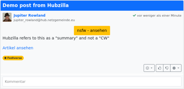 The start post of this thread after clicking the yellow content warning button, now revealing the writing 'Hubzilla refers to this as a "summary" and not a "CW"' displayed by Mastodon as a content warning and a blue label below.