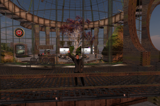 My Metropolis avatar, waving good-bye at the on-looker from the Metropolis welcome building. A detailed image description can be found either below the image or above the hashtags, depending on where you are.