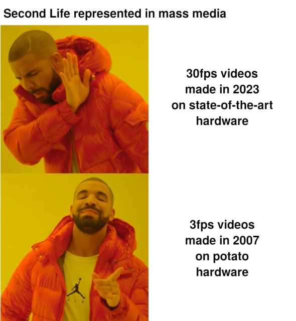 Drakeposting reaction image. Caption: "Second Life represented in mass media". Upper picture, rejective stance: "30-frames-per-second videos made in 2023 on state-of-the-art hardware". Lower picture, confirmative stance: "3-frames-per-second videos made in 2007 on potato hardware".