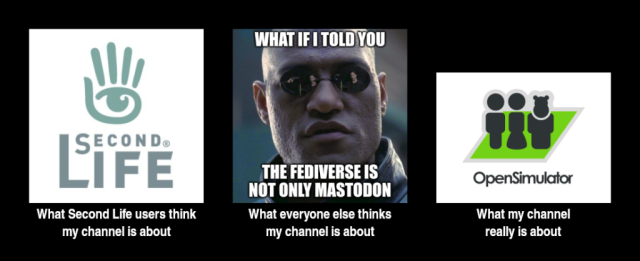 Three pictures with writing below. Left picture: What Second Life users think my channel is about. It shows the Second Life logo. Middle picture: What everyone else thinks my channel is about. It shows Lawrence Fishburne as the character Morpheus from the film Matrix in an Advice Animal-style image macro with the caption "What if I told you the Fediverse is not only Mastodon". Right picture: What my channel really is about. It shows the OpenSimulator logo.