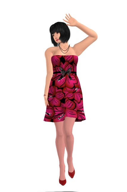 Self-portrait with a neutral white background. I'm wearing a strapless, slightly above-knee-length summer dress with a print of big flowers in various shades of red on black and a thin white belt tied in a bow at the front, a pair of red stockings, a pair of red medium-heeled pumps, a double black pearl necklace, a pair of black pearl earrings which aren't visible and a reddish cuff on my right arm. My make-up consists of black eyeliner and fuchsia lipstick. My left foot is slightly lifted up, and my left hand is raised above my head while my right hand is holding the dress.