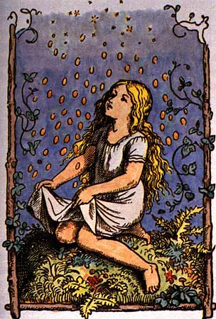 Illustration zu „Die Sterntaler“ von Ludwig Richter, 1862, die ein auf einem farn- und moosbedeckten Stein im Wald sitzendes Mädchen in weißem, kurzärmeligen Kleidchen. Das Mädchen scheint gut genährt und hat lange lockige Haare. Es ist jedoch barfuß und schaut nach oben, wo Taler vom Himmel fallen, dabei hält es den Saum seines Kleidchens hoch, damit die Münzen sich darin sammeln.
