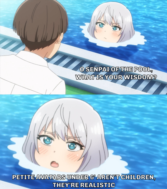 Two-panel image macro based on the Senpai of the Pool meme. Top panel: "O senpai of the pool, what is your wisdom?" Bottom panel: "Petite avatars under 6' aren't children, they're realistic."