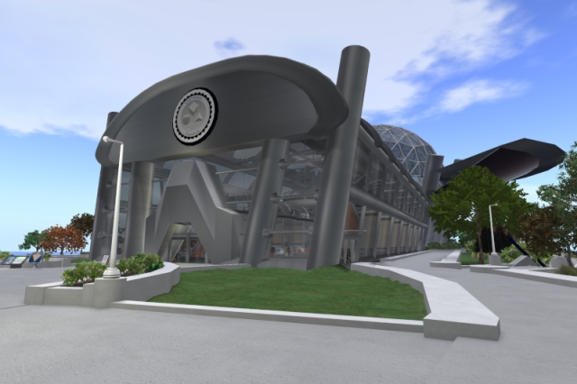 Digital shaded rendering of the main building of the Universal Campus, a downloadable island location for 3-D virtual worlds based on OpenSimulator. The camera position is about three metres or ten feet above the ground. The camera is tilted slightly upward and rotated slightly to the left from the building's longitudinal axis. The futuristic building is over 200 metres long, stretching far into the distance, and its front is about 50 metres wide. Its structure is mostly textured to resemble brushed stainless steel, and almost everything in-between is grey tinted glass. The main entrance of the building in the middle of the front has two pairs of glass doors. They are surrounded by a massive complex geometrical structure, very roughly reminiscent of a vintage video game spacecraft with the front facing upward. Four huge cylindrical pillars carry the roof end, the outer two of which extend beyond it. All are tilted away from the landing area in front of the building and at the same time outward to the sides. The sides of the building are slightly tilted themselves. In the distance, a large geodesic dome rises from the building. There is a large circular area in front of the main entrance as well as several wide paths. They have light concrete textures, and they are lined with low walls with almost white concrete textures. Furthermore, various shrubs and trees decorate the scenery. A more detailed description including explanations and text transcripts can be found in the post.
