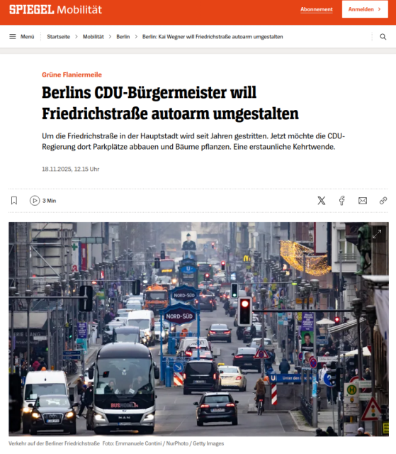 screenshot eine SPON-artikels. Titelzeile: Berlins CDU-Bürgermeister will die Friedrichstraße autoarm umgestalten. darunter ein foto der freidrichstraße voller autos, bussen und lkw. 