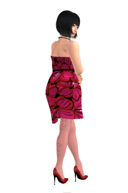 Another self-portrait in the same red flower print dress with the same white background. Now I'm shown from behind, and the star print on the rear side of my right stocking is visible. I'm holding my forearms together in front of myself, and I've put my left foot in front of my right foot.