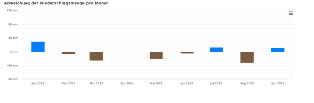 Abweidung der Niederschlagsmenge gegenüber dem Langjährigen Mittel Station Frankfurt. Blau geringer Überschuss: Januar, Juli, Sept sonst gering drunter