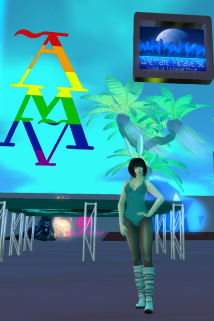 Self-portrait in the same outfit as described in the opening post, now taken at AMV Welcome with mostly teal lighting. A trampoline can be seen behind me. On the translucent wall in the background, two different Alternate Metaverse logos can be seen. Outside the translucent wall, right behind me, there is an exotic tree.