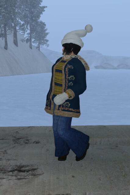 Me in a white Christmas hat (Latrine Cesspool), a blue hippie coat (Klarabella Karamell), a Burberry-style scarf (Veronique Veronique), a blue and yellow turtleneck (Loru Destiny), a pair of bell-bottom jeans (mesh and texture by Klarabella Karamell, combined by me), a pair of boots (LyAvain Swansong) and a pair of mitts (Dabici Straulino); the picture was taken at Eternal Ice on the Pangea Grid, it shows me on a wooden landing pier with wintery hills in the background and a body of water in-between which miraculously isn't frozen