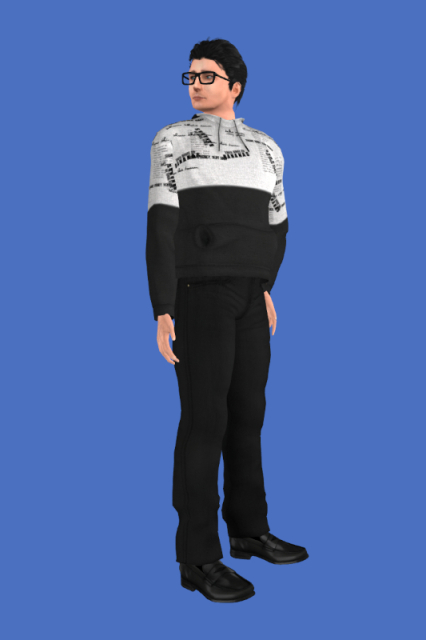 My OpenSimulator main avatar in front of a neutral blue background, wearing a light grey and black hoodie, a pair of black jeans and a pair of black loafers